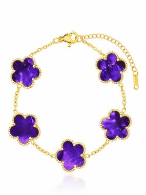 18K Gold Purple 4 Leaf Clover Bracelet Lucky Charm Dainty Station Chain Van CLF